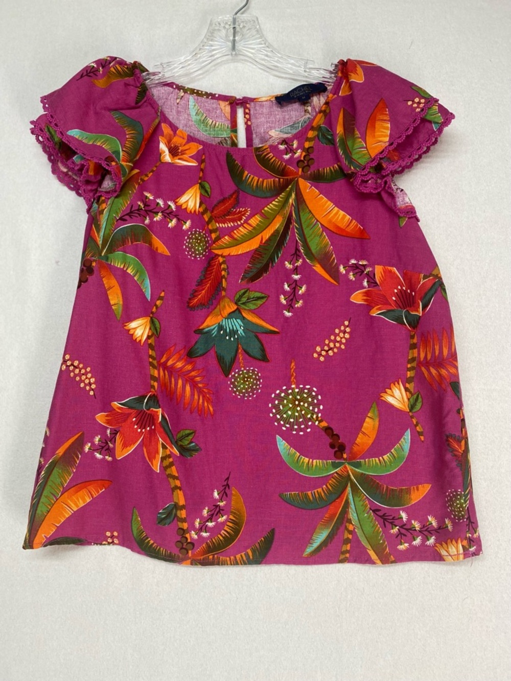 RACHEL Rachel Roy Fuchsia Tropical Floral Crochet Trim M Blouse Linen Blend Top